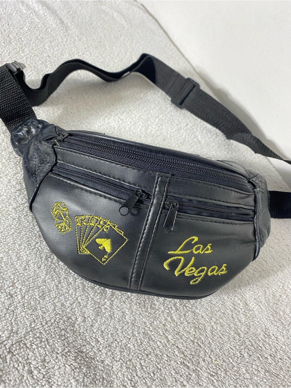 Vintage Las Vegas Black Leatherette Fanny Pack Gold Embroidered Casino Cards